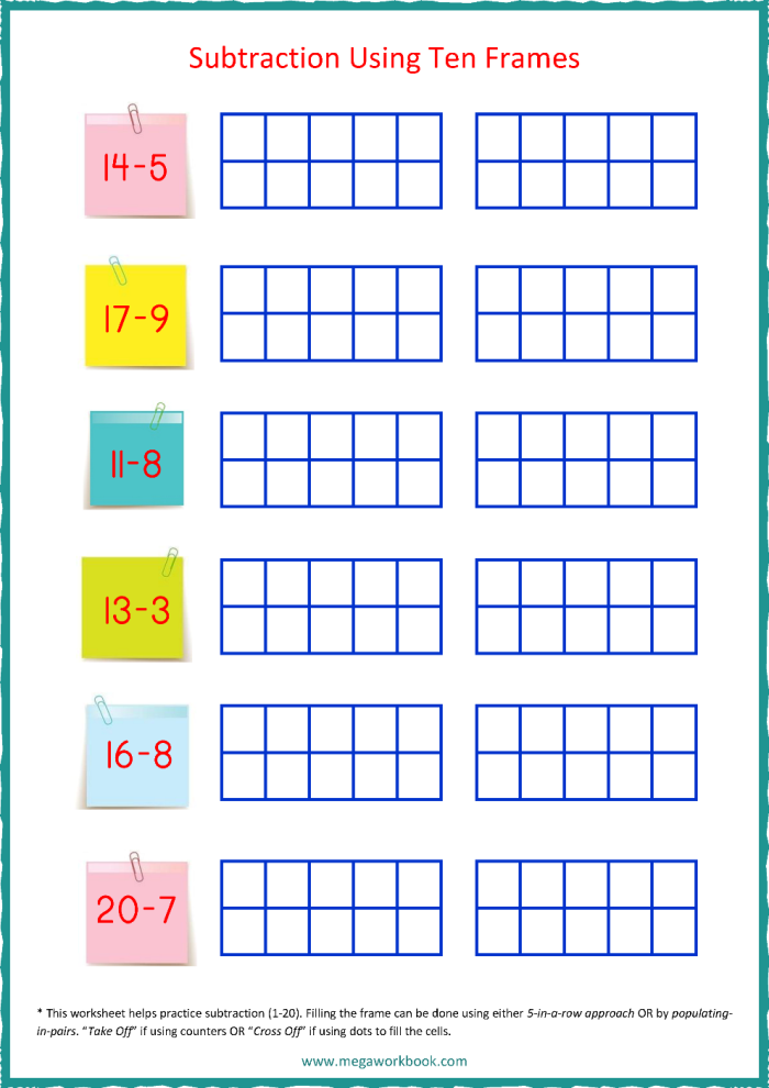 First grade worksheet for subtracting numbers within 20 using visual ten frames