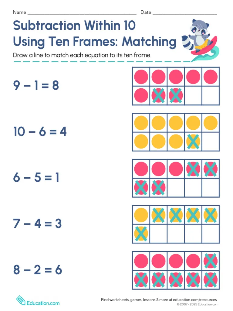 First-grade math worksheet for subtracting within 20 using ten frames