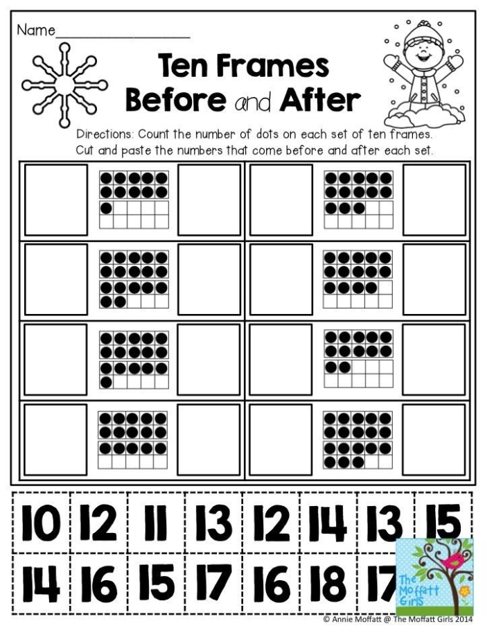 First grade math worksheet showing students how to subtract numbers within 20 using ten frames