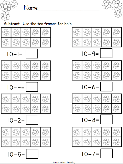 First-grade math worksheet for subtracting within 20 using ten frames