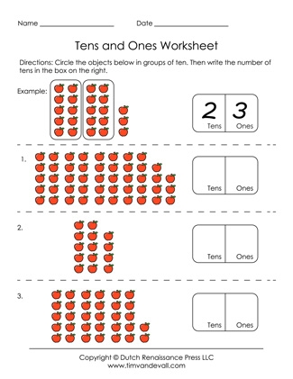 First grade worksheet focusing on understanding tens and ones for number sense development