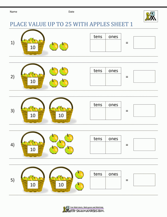 First grade worksheet showing place value practice with tens and ones for assessment 20