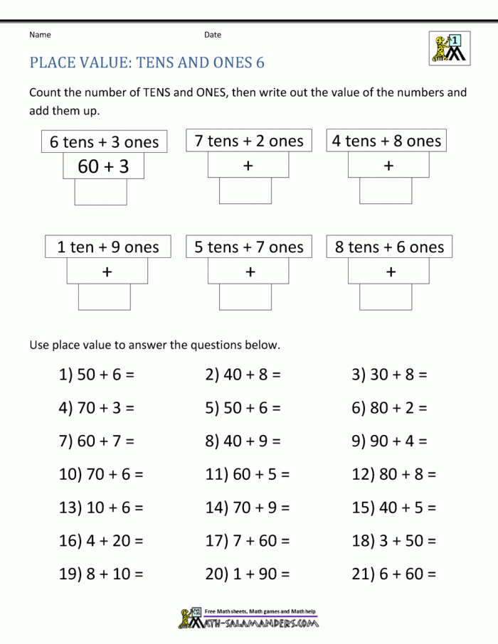 First grade math worksheet focusing on tens and ones place value assessment