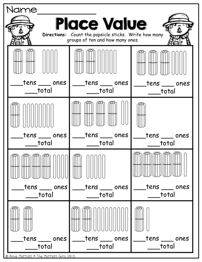 Place Value worksheet for first graders focusing on tens and ones understanding