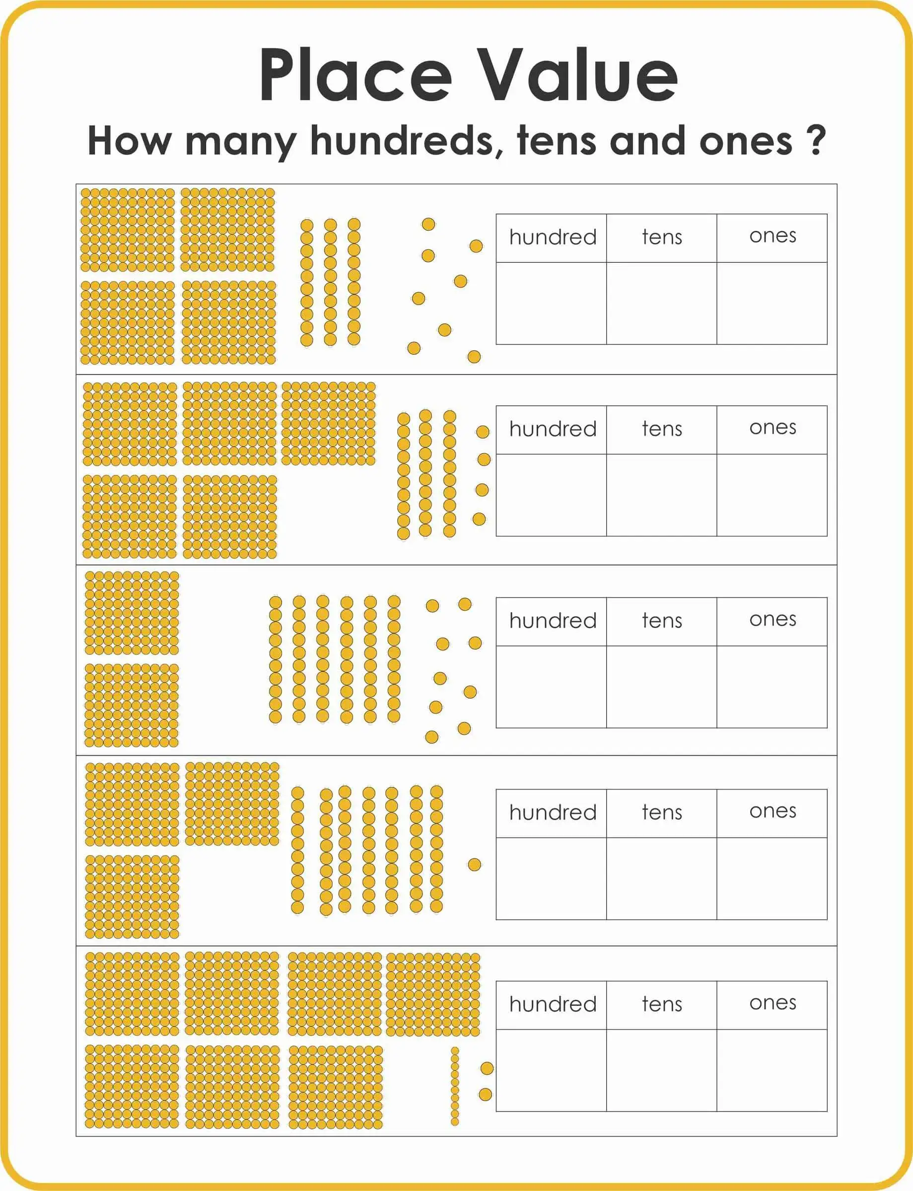 First grade student using a place value worksheet to identify tens and ones