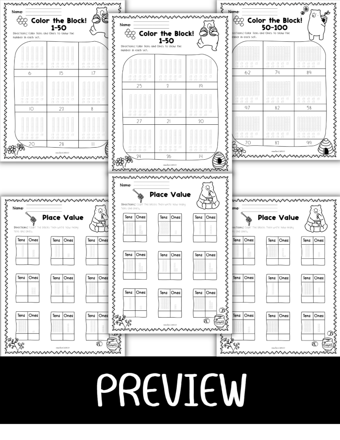 First grade math worksheet for practicing tens and ones place value skills