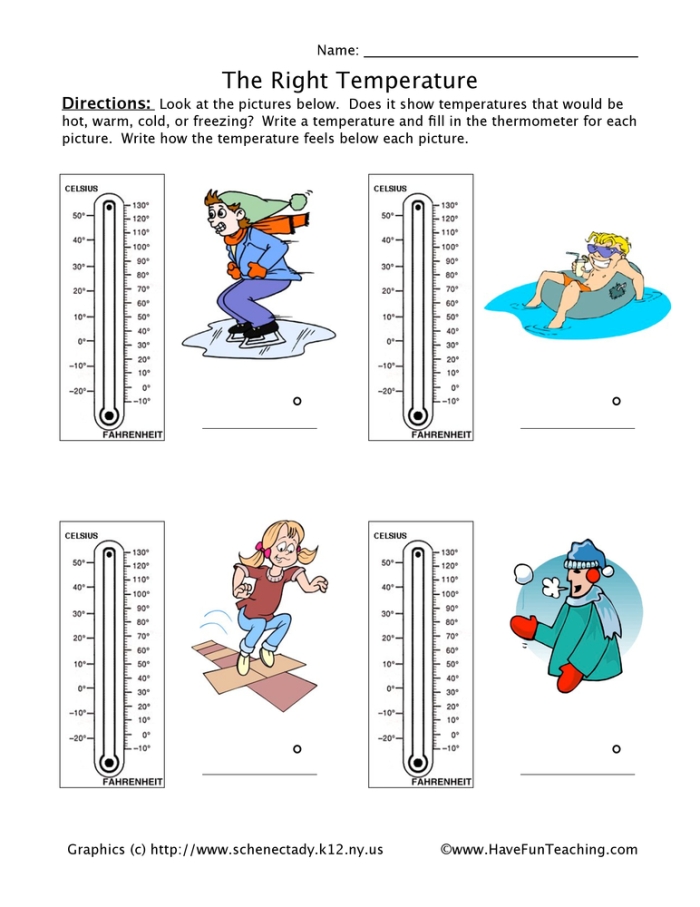 Worksheet image illustrating temperature reading skills for young learners First graders reading a thermometer in the What's the Temperature? worksheet