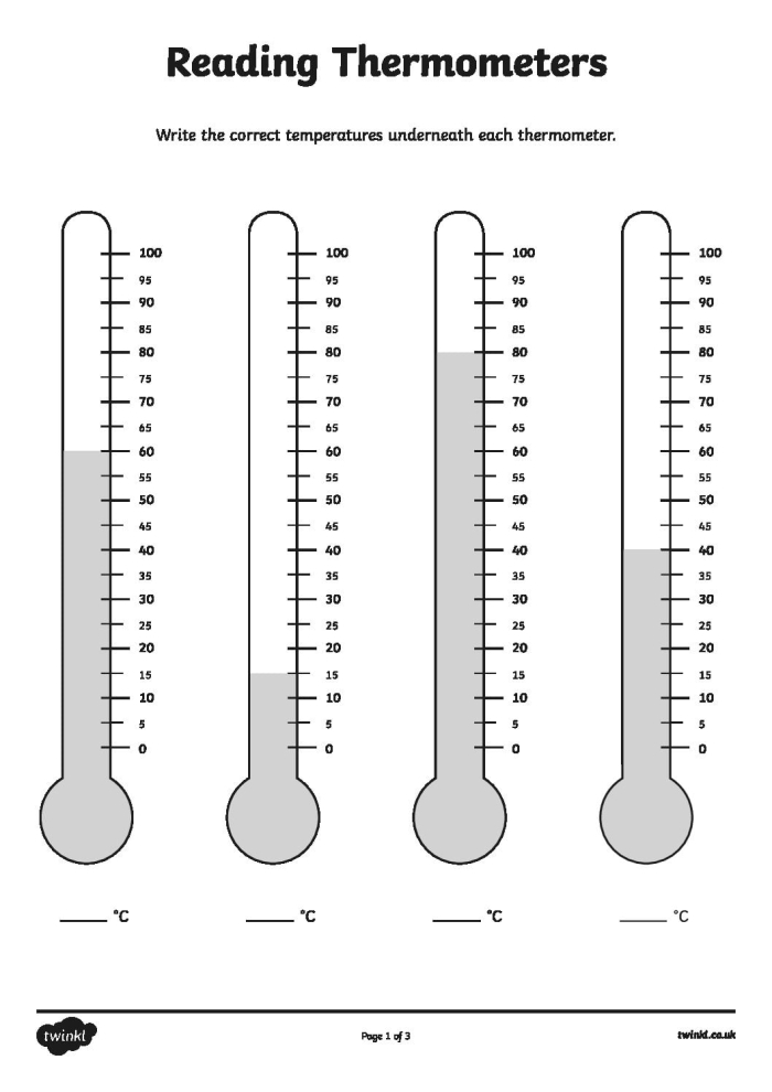 Interactive reading the thermometer activity for early learners Thermometer worksheet designed for first graders to practice reading temperatures