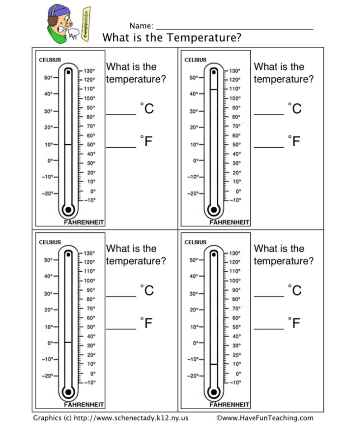 Thermometer reading exercise for children in first grade Worksheet for first graders to practice reading a thermometer