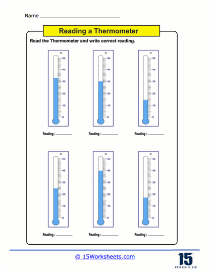 Reading the Thermometer Worksheet for First Grade Students First-grade worksheet for practicing reading a thermometer and understanding temperature concepts