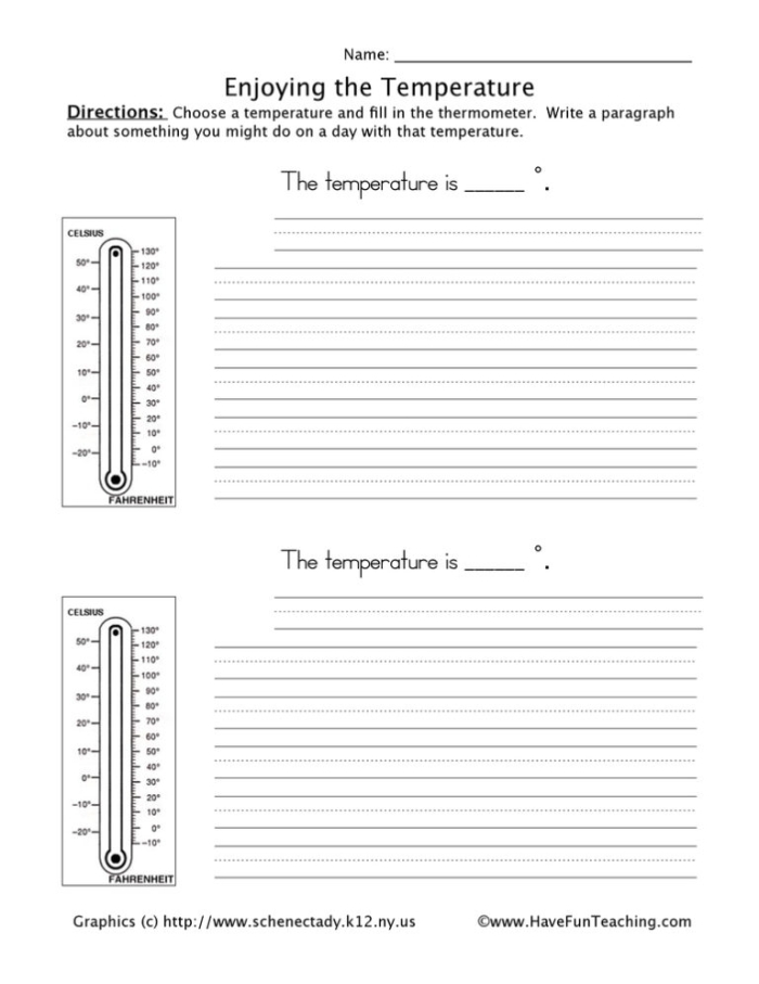 Worksheet for first grade students titled "What's the Temperature? First graders reading a thermometer to determine the temperature on their worksheet