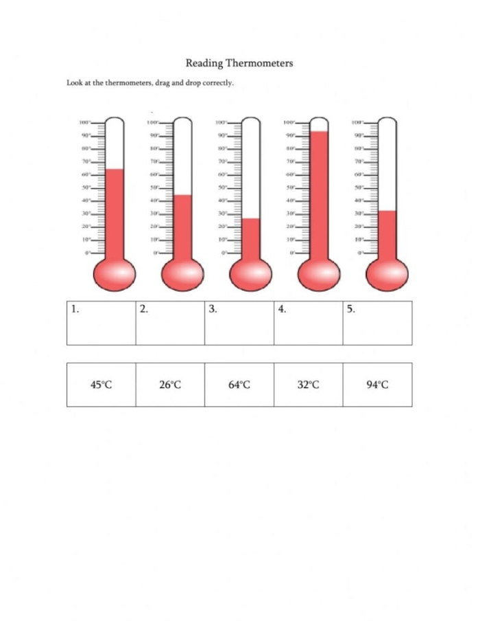 Educational resource for practicing thermometer skills with children First grade worksheet for reading and interpreting a thermometer