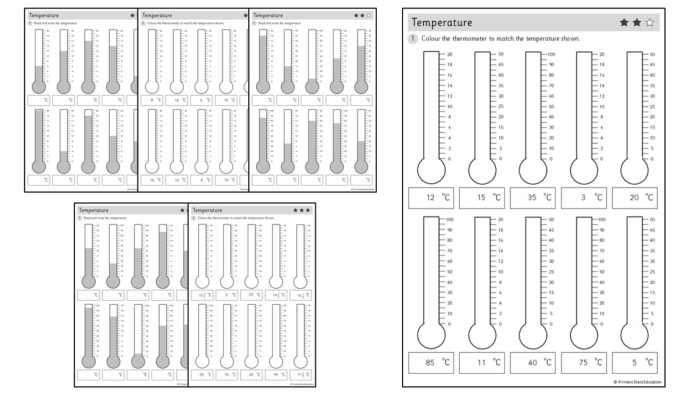 Reading worksheet for First Grade First grade students reading a thermometer to learn about temperature in the "What's the Temperature?" worksheet. Worksheet image showing kids practicing how to read thermometers and understand weather conditions.