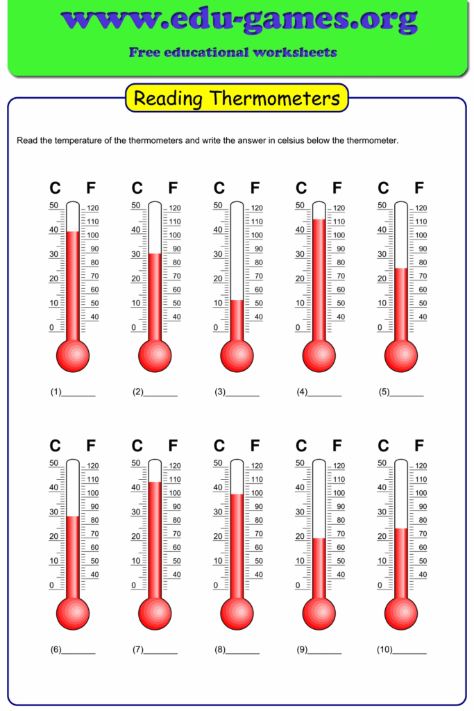 Thermometer reading practice worksheet for young learners First grade worksheet for practicing reading a thermometer with engaging visuals