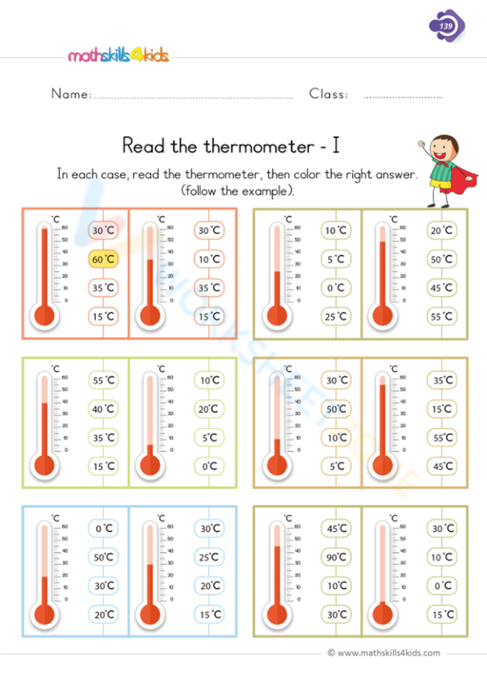 Engaging thermometer reading worksheet for young learners Worksheet for first graders to practice reading a thermometer