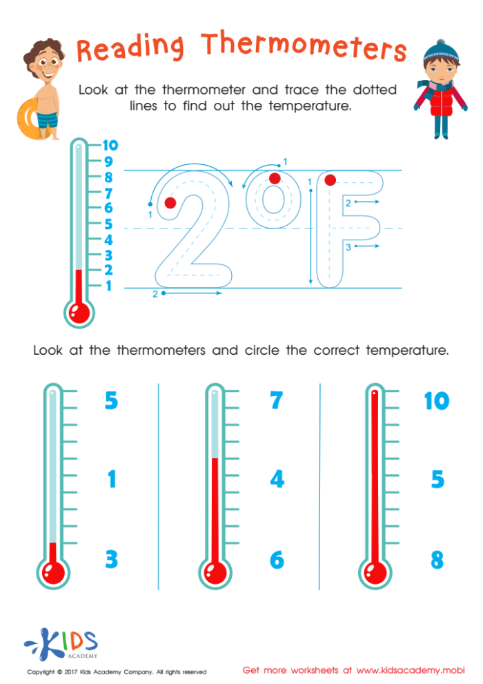 First Grade Reading the Thermometer Worksheet for Kids Worksheet for first graders on reading a thermometer and understanding temperature