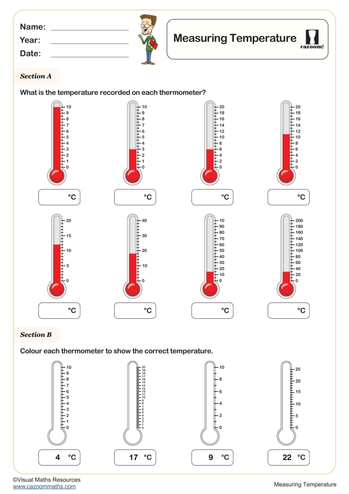 Engaging worksheet for kids to learn about temperature reading skills First graders reading a thermometer on the What's the Temperature? worksheet