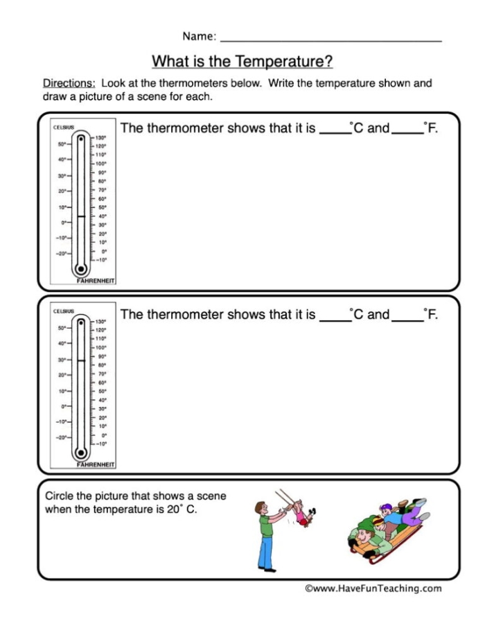 Reading worksheet for First Grade Worksheet for first graders to practice reading a thermometer and understanding temperature. Engaging thermometer activity for young learners to enhance their reading skills.