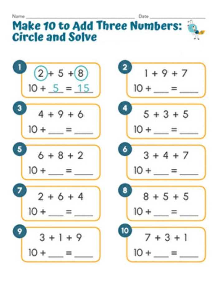 First grade math worksheet featuring addition problems with three single-digit numbers for students to solve