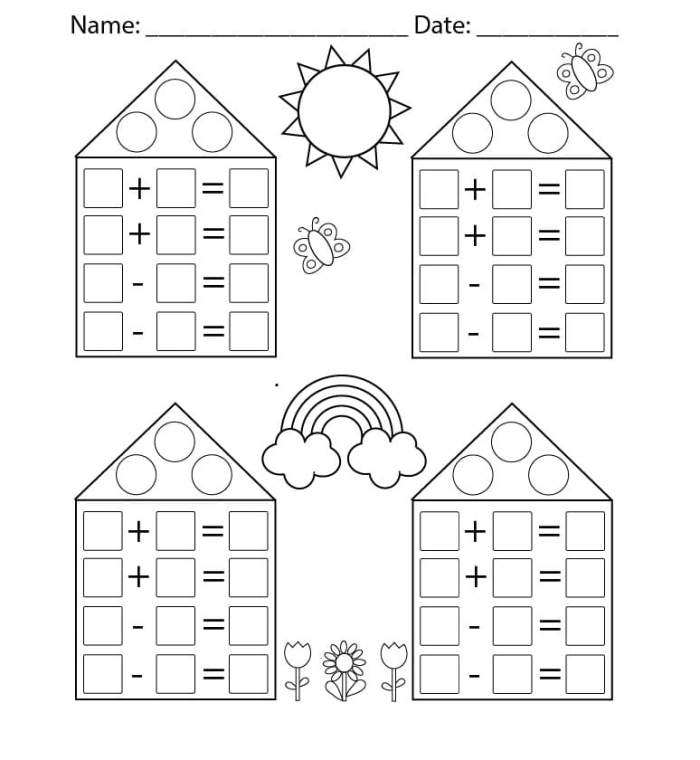 First grade math worksheet for practicing addition problems with three single-digit numbers