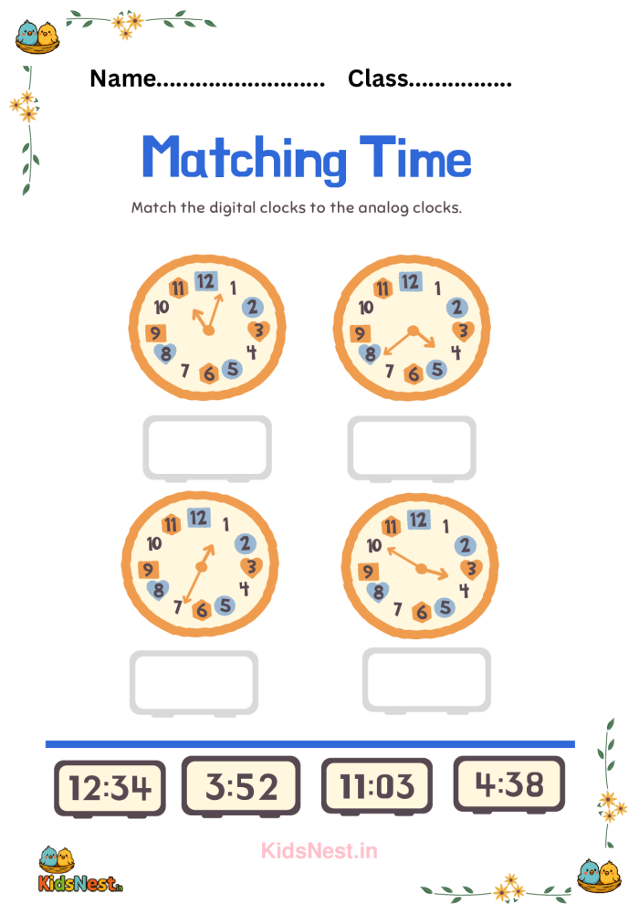 A first grade student practicing how to tell time on an analog clock for a Life Science worksheet