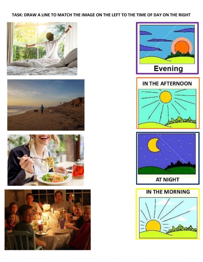 First grade student practicing how to tell time with a colorful Time Mix Up clock worksheet