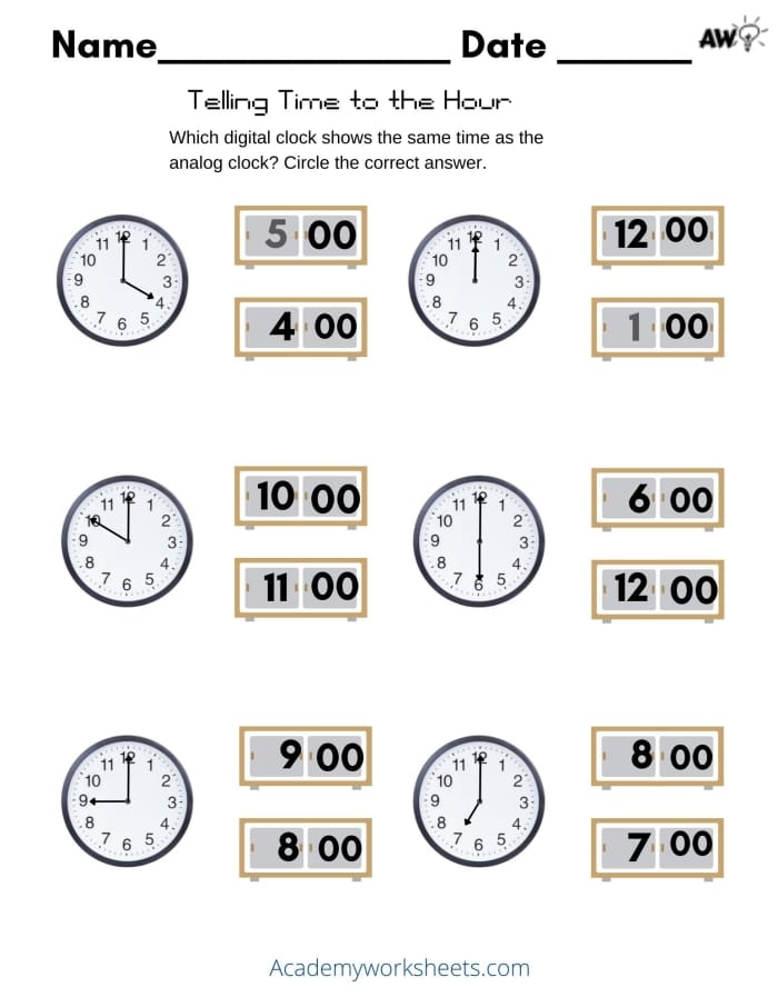 First grade student practicing reading an analog clock on a time worksheet