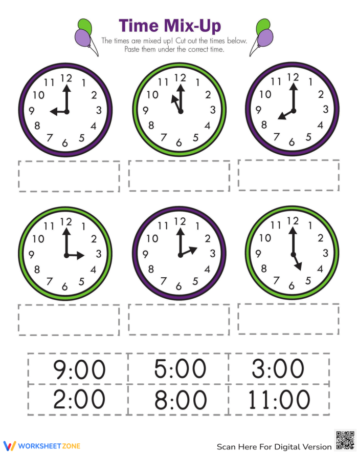 First grade student practicing how to tell time on an analog clock for a life science worksheet