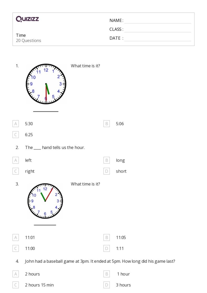 Time Quiz Worksheet Multiplication Grade One Number 5 First grade math worksheet with a clock time quiz for students to practice reading analog clocks