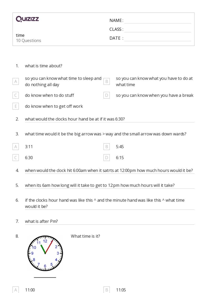Engaging fill-in-the-bubbles quiz to enhance time-telling skills in multiplication First grade Time Quiz worksheet featuring an analog clock for telling time practice