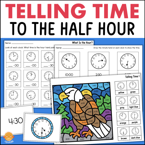 Half Hour Match-Up worksheet for first graders to practice telling time
