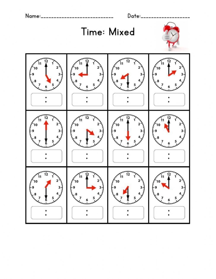 Half Hour Match-Up worksheet for first graders to practice telling time