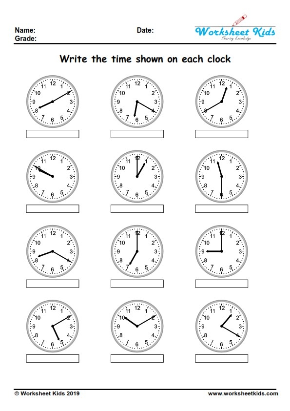 Printable Telling the Time 2 worksheet aimed at enhancing phonics skills in young learners Worksheet for practicing telling time with clock illustrations for first graders