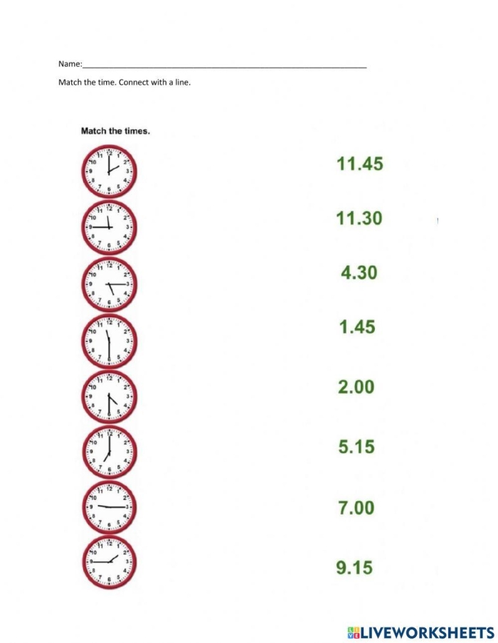 Printable Telling the Time 2 worksheet designed for phonics learning in first grade Worksheet for practicing time-telling skills with clock illustrations for first graders