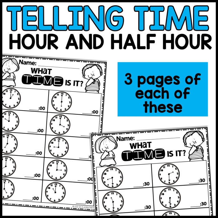 First grade students matching analog clocks to digital times on a half hour worksheet