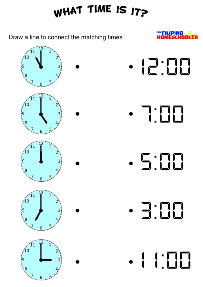 Worksheet for practicing telling time to the hour with clock faces for first graders