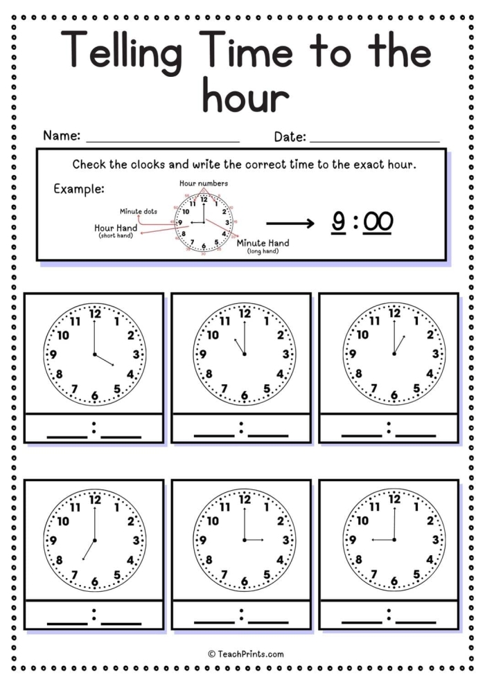 Worksheet for practicing telling time to the hour with blank clock faces