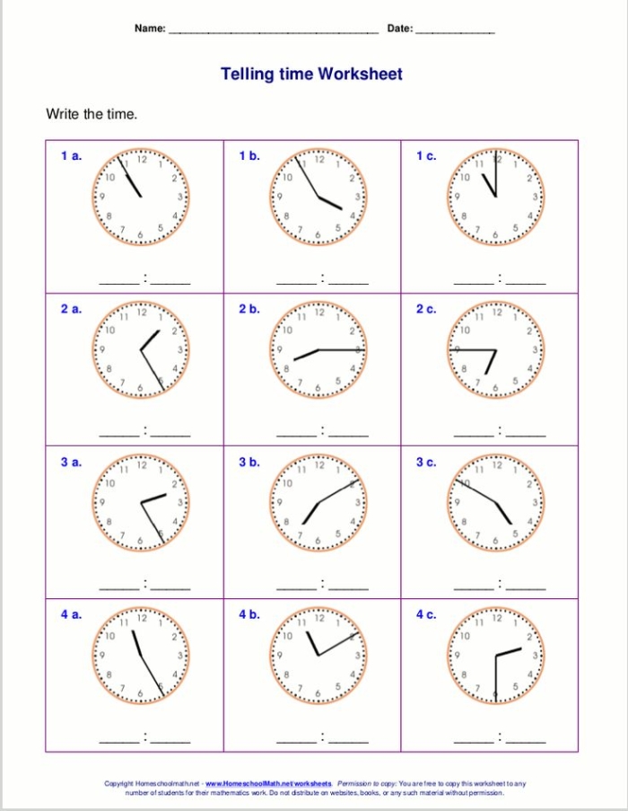 Printable Telling the Time 2 worksheet for phonics learning Worksheet for practicing time telling for first graders