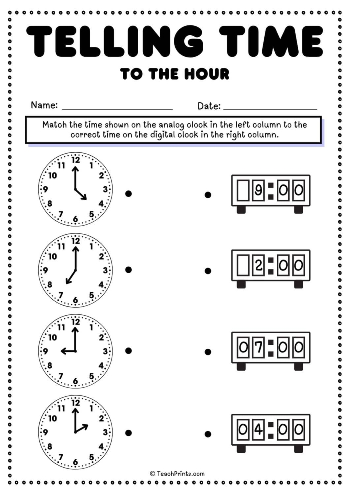 Colorful worksheet for first graders to practice telling time to the hour on an analog clock