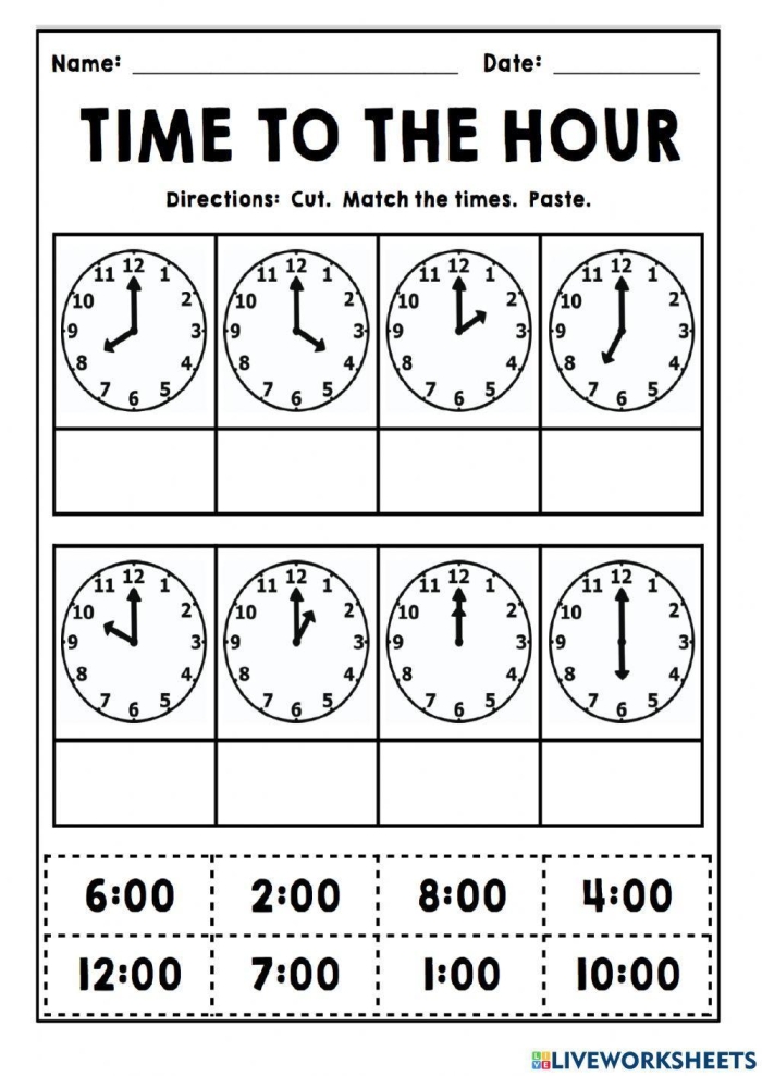 Worksheet for practicing time to the hour with clock faces for first graders