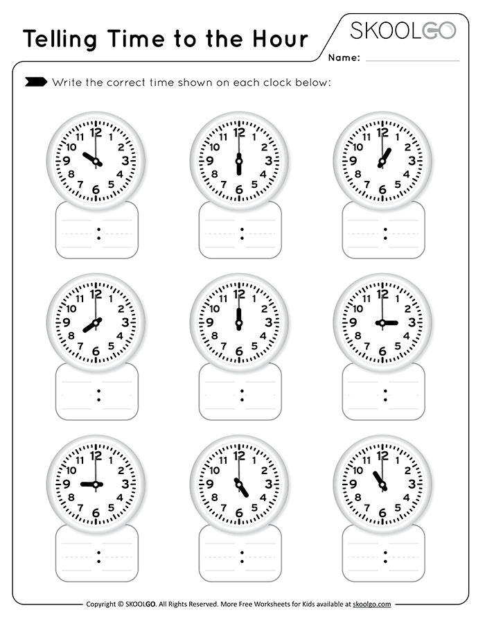 Worksheet for practicing telling time to the hour with blank clock faces