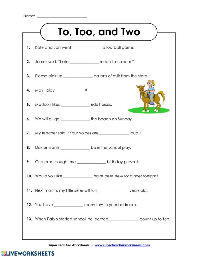 First grade grammar worksheet for practicing the difference between to too and two with context clues