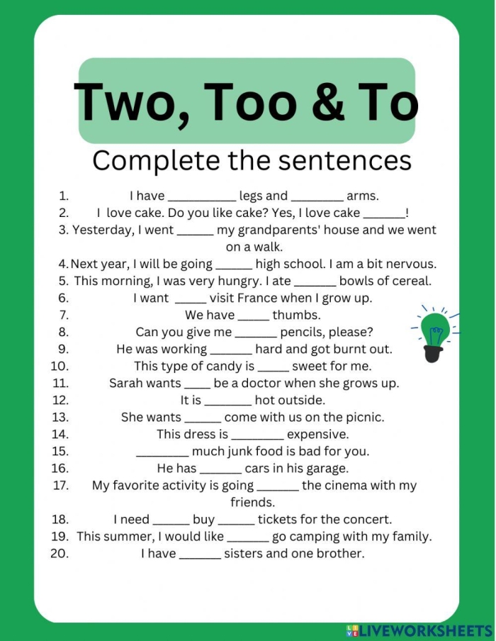 Worksheet for first graders on homophones focusing on To, Too, or Two