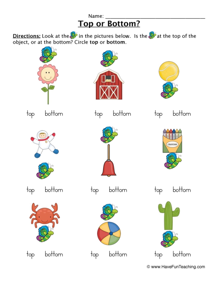 Colorful worksheet for first graders focusing on top and bottom geometry concepts
