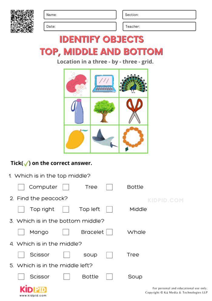 Colorful worksheet for first graders focusing on top and bottom geometry concepts