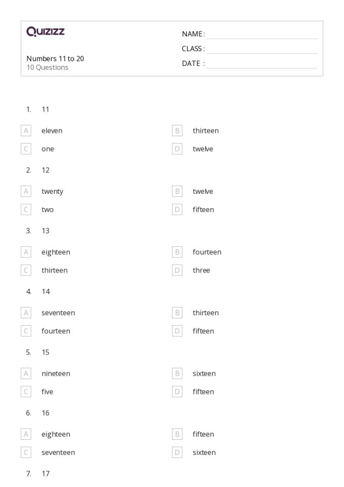 First grade worksheet with tracing exercises for writing the numbers 11 through 20