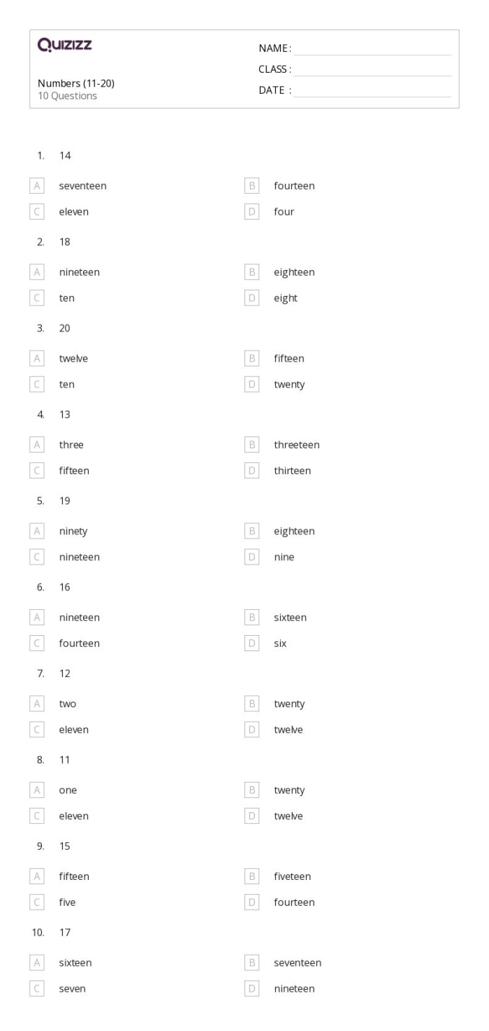 Worksheet for practicing writing numbers 11-20 with tracing activities for first graders