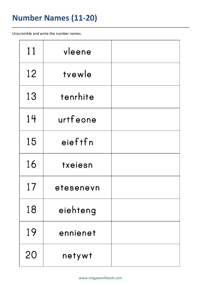 Worksheet for first graders to practice writing numbers 11-20 with tracing activities