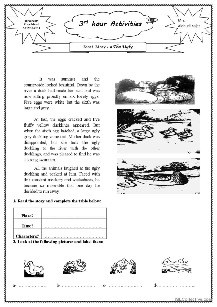 A first grade student reading The Ugly Duckling fable worksheet to build literacy skills