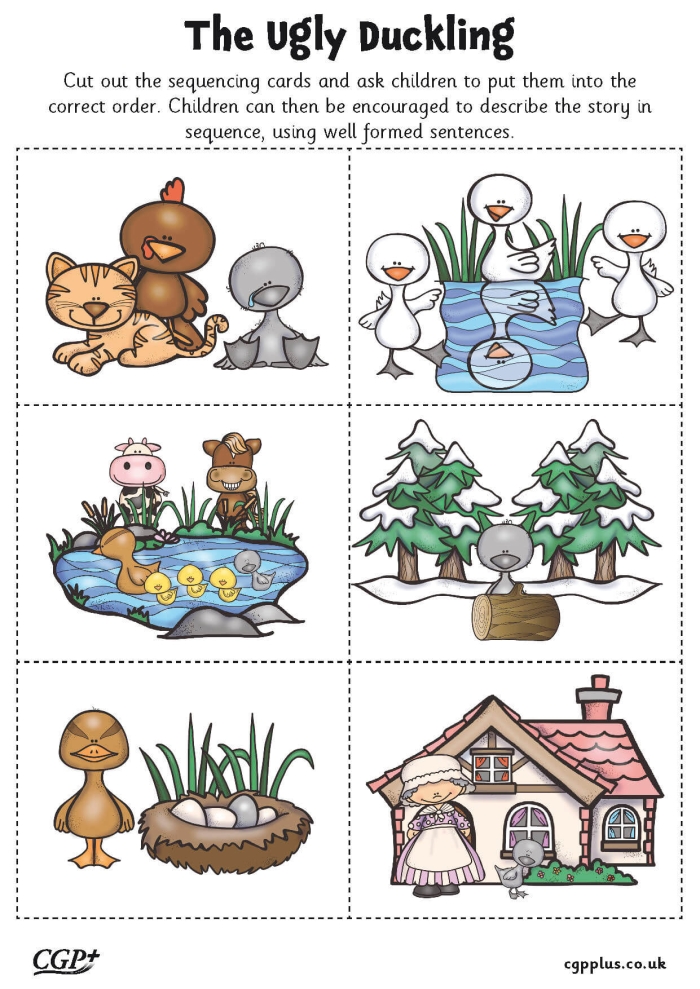 Worksheet featuring scenes from The Ugly Duckling story for comprehension testing